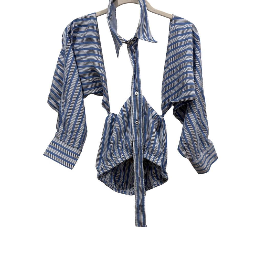 Furst of a Kind Reworked Striped Deconstructed Halter Top Blue White One Size